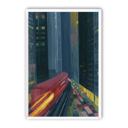 Red train in blue towers