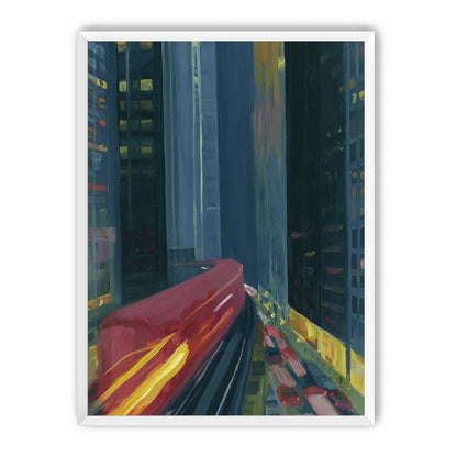 Red train in blue towers