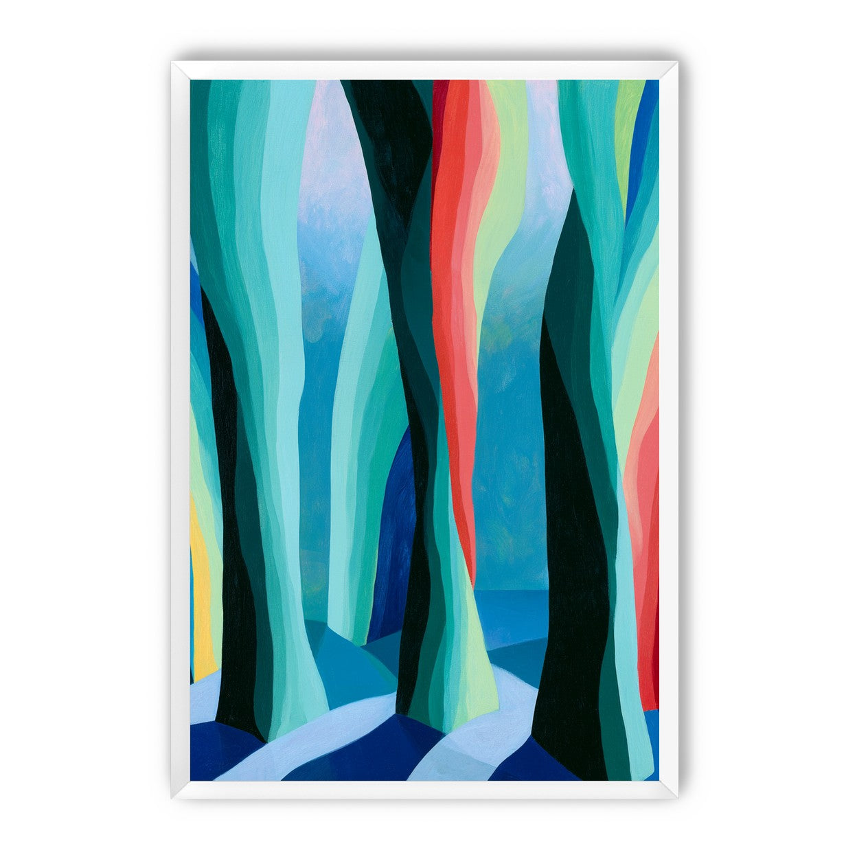 Between red trunks and blue shadows