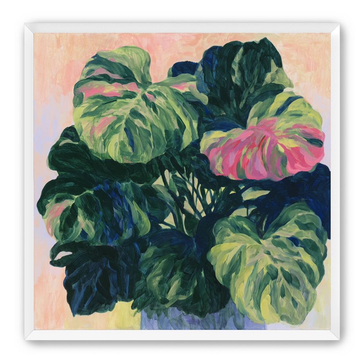 Pink light on green leaves