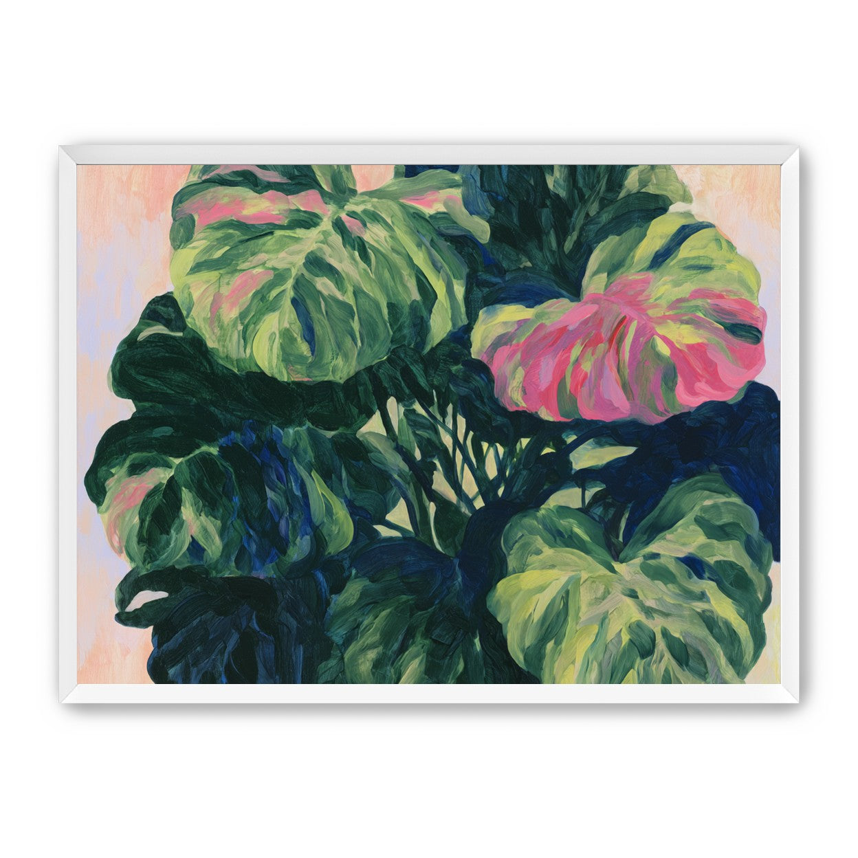 Pink light on green leaves