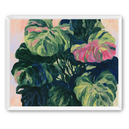 Pink light on green leaves