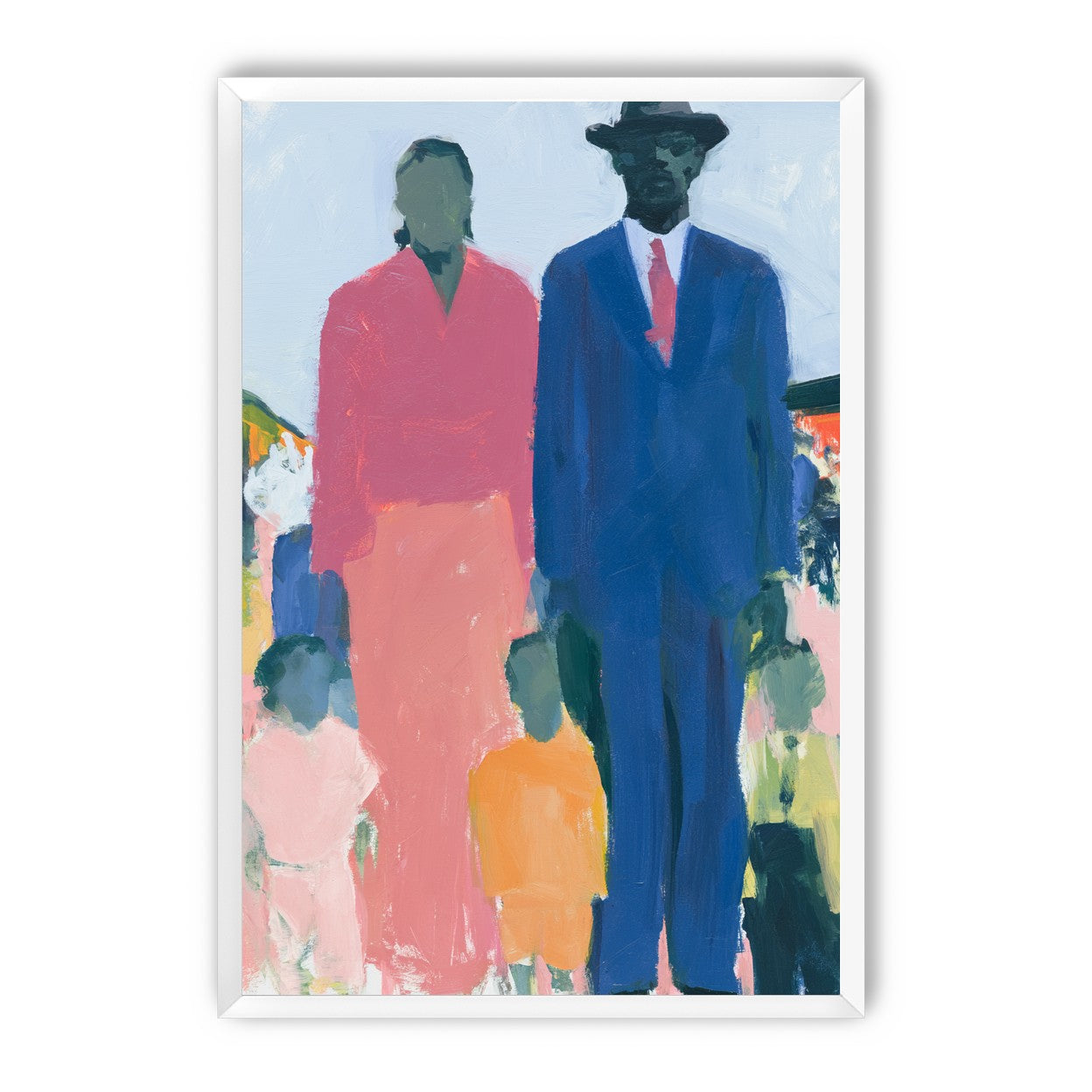 Blue suit beside coral dress