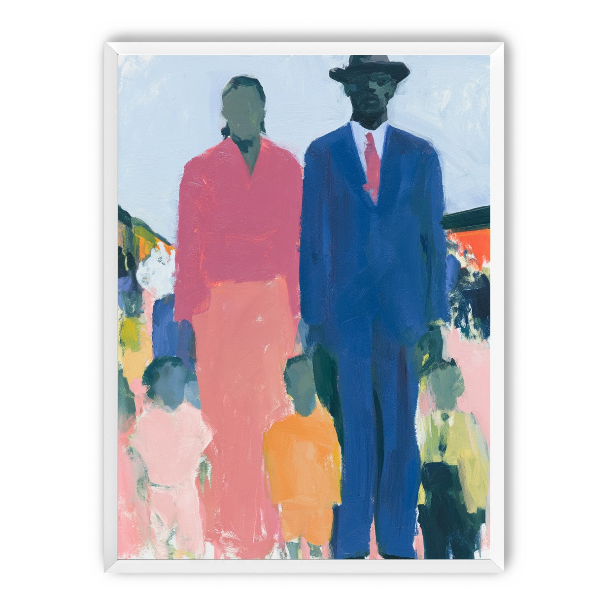 Blue suit beside coral dress