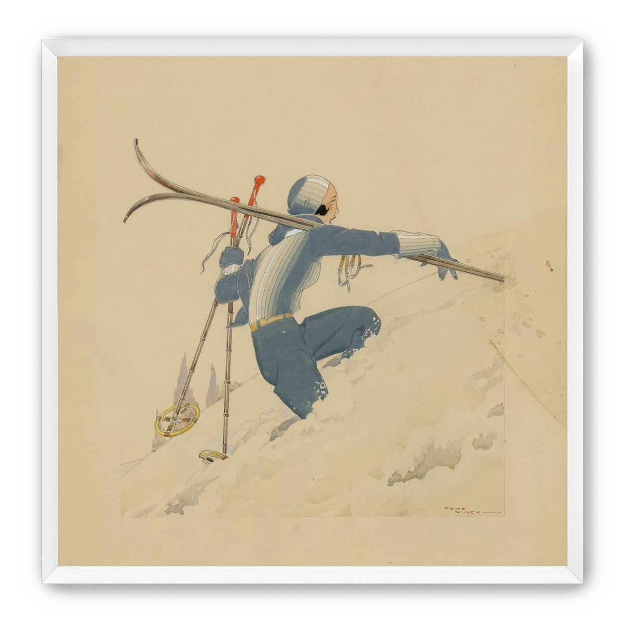 Blue skier in pale snow