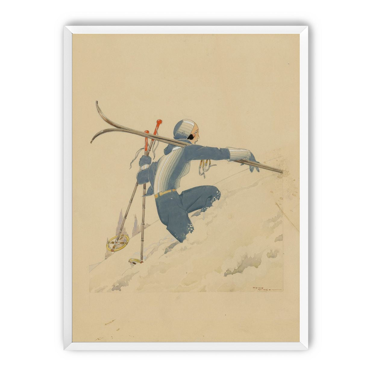 Blue skier in pale snow