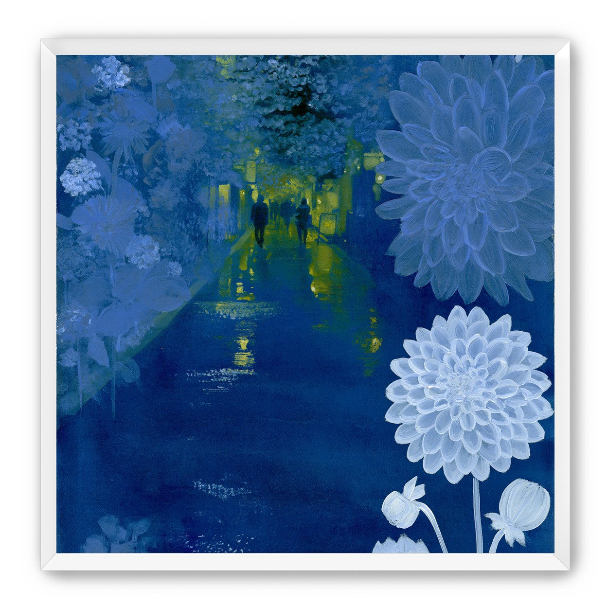 Two walkers under giant flowers