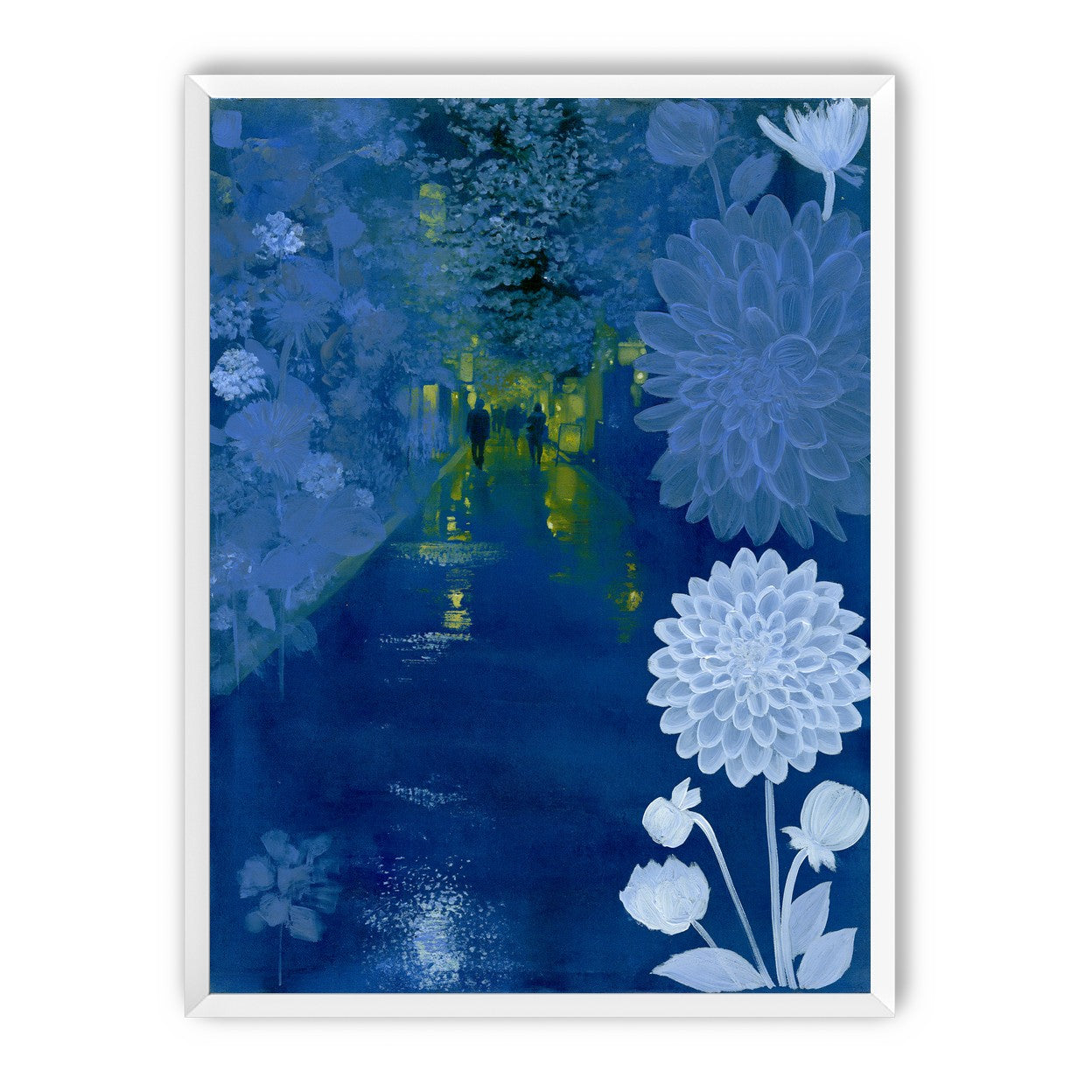 Two walkers under giant flowers