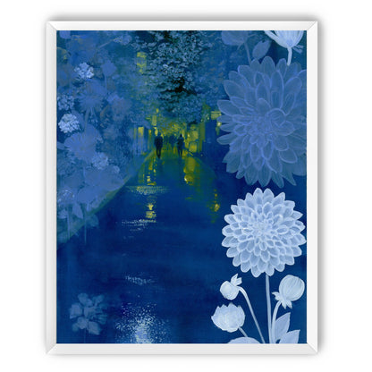 Two walkers under giant flowers