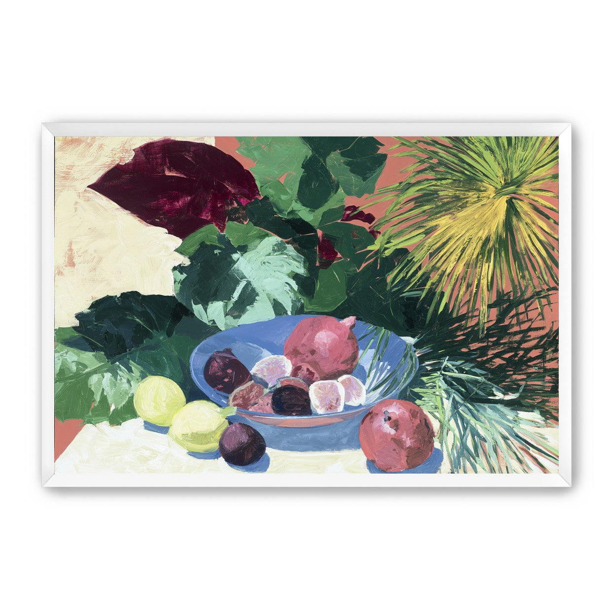 Blue bowl under palm frond