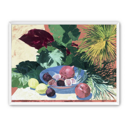 Blue bowl under palm frond