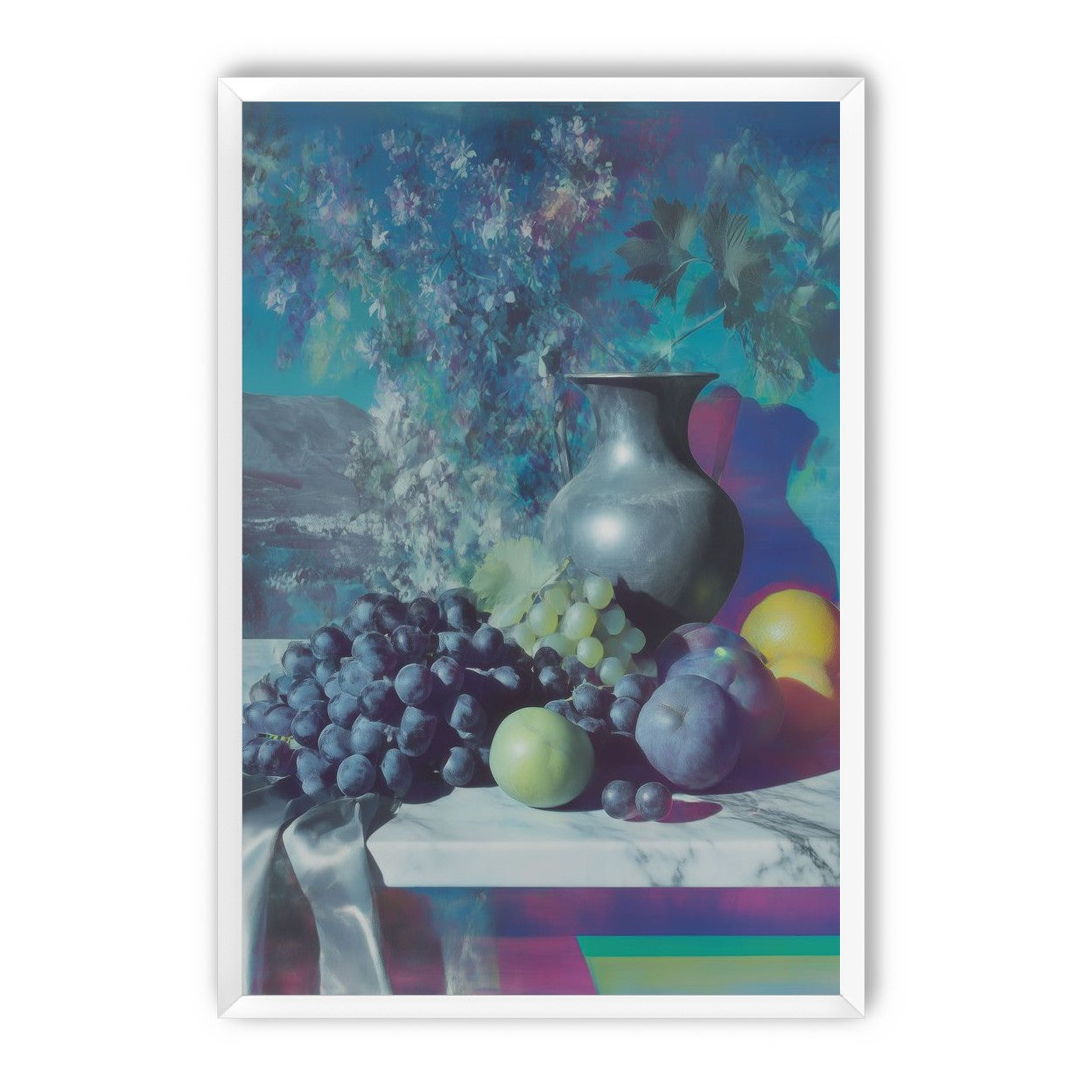 Vase and fruit in blue haze