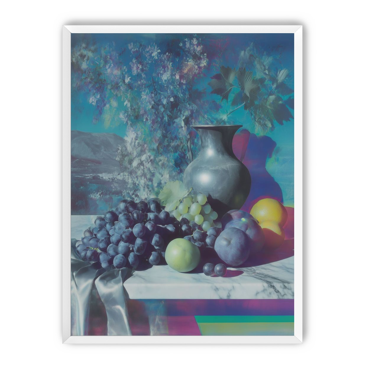 Vase and fruit in blue haze