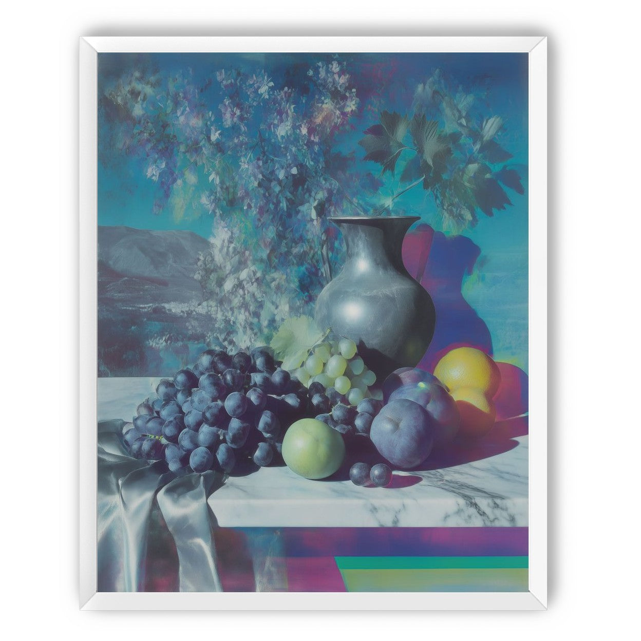 Vase and fruit in blue haze