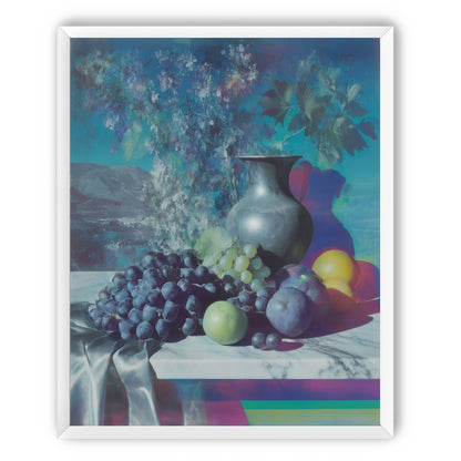 Vase and fruit in blue haze