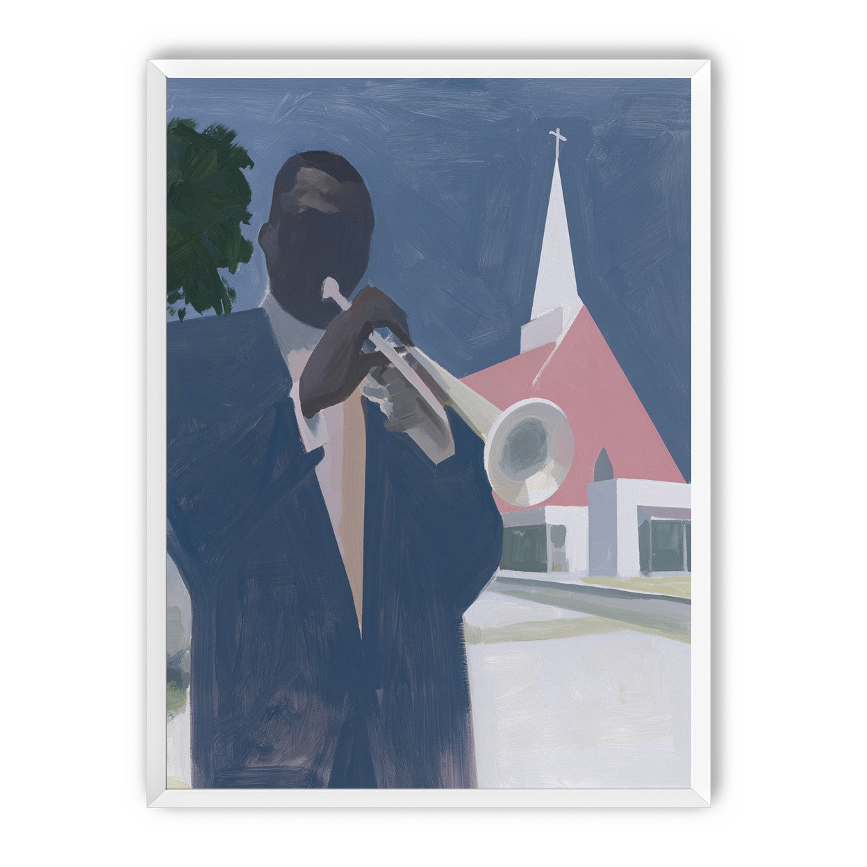 Blue sky over pink church
