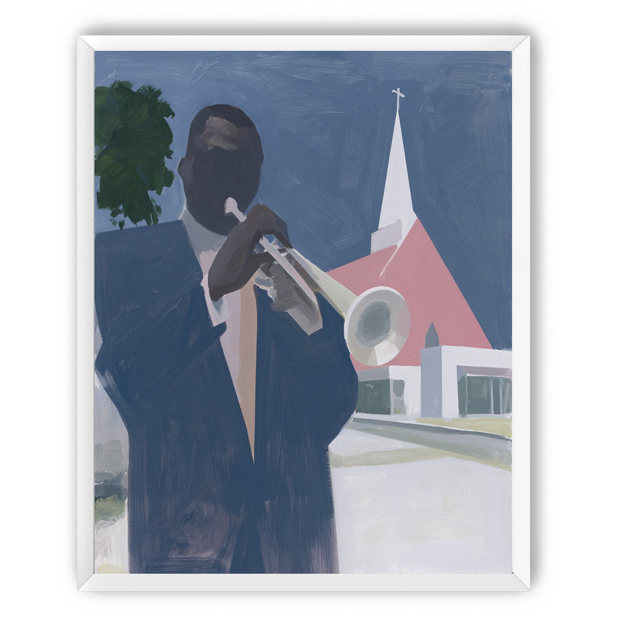 Blue sky over pink church