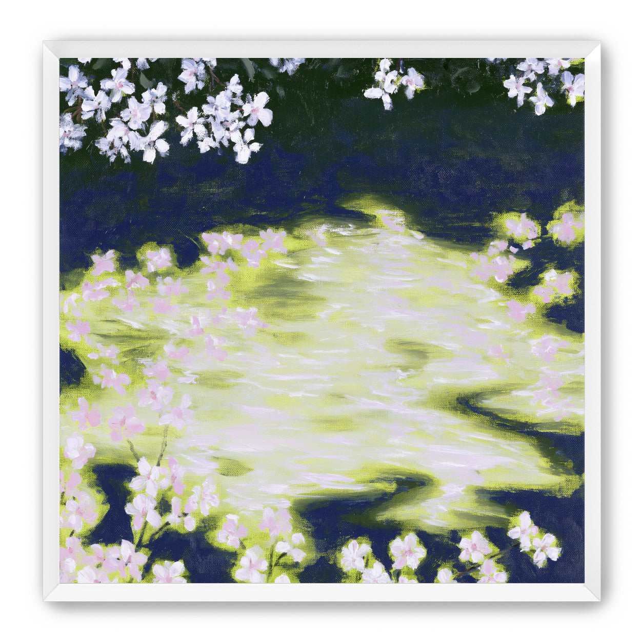 Petals crossing the bright water
