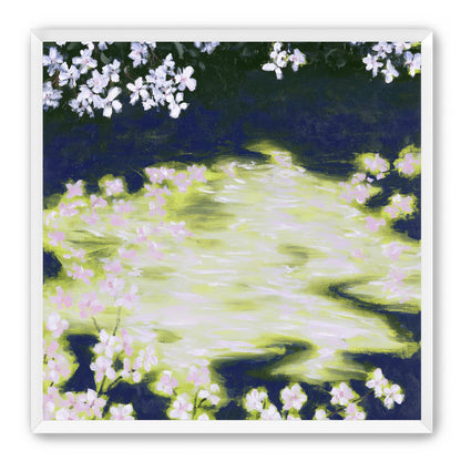 Petals crossing the bright water