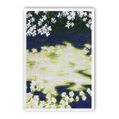 Petals crossing the bright water