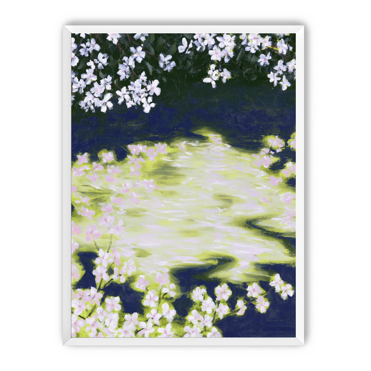 Petals crossing the bright water