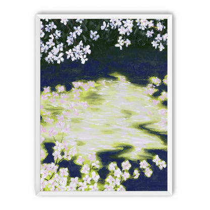 Petals crossing the bright water