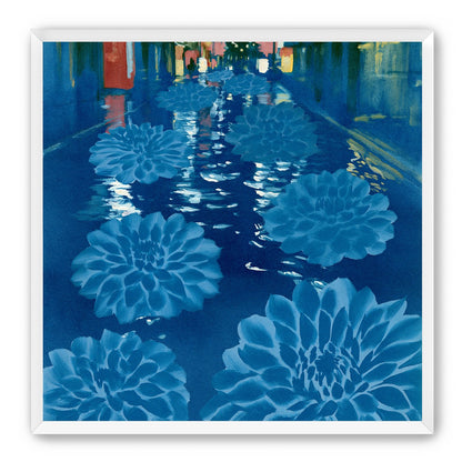 Neon spills into blue floodwater