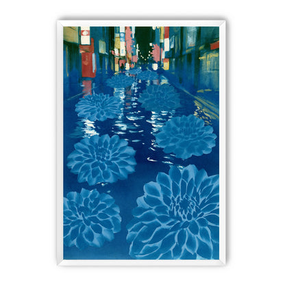 Neon spills into blue floodwater