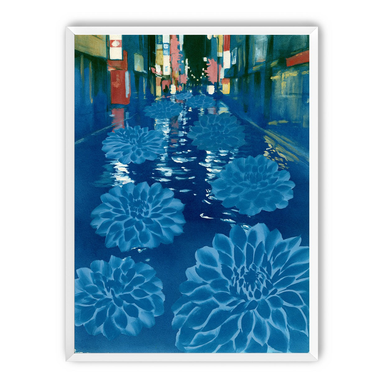 Neon spills into blue floodwater