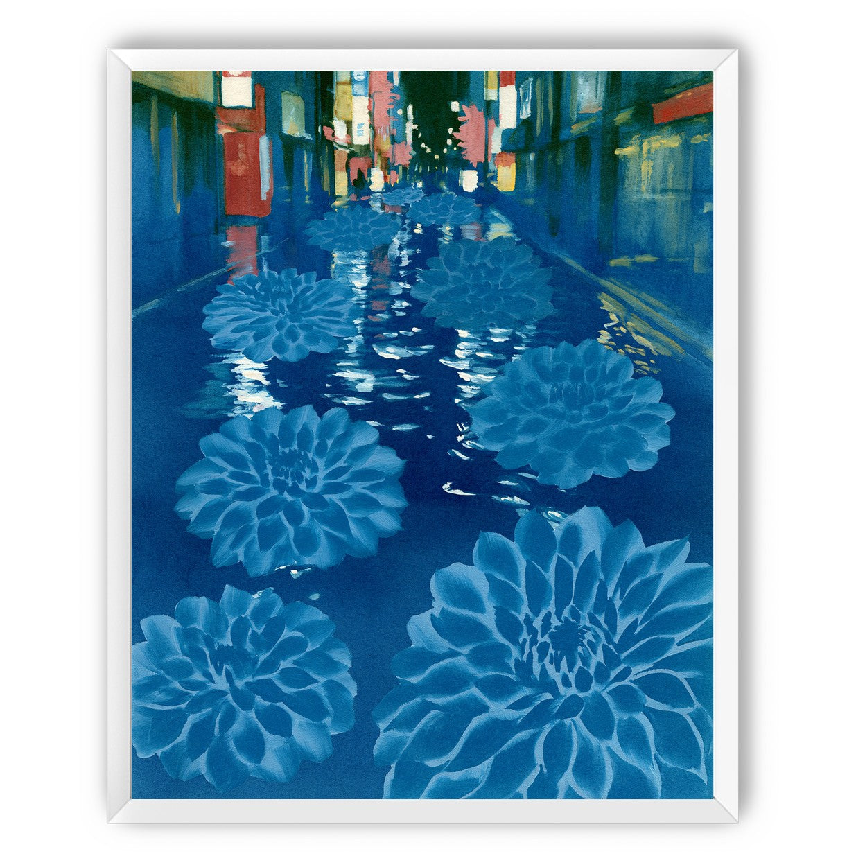 Neon spills into blue floodwater