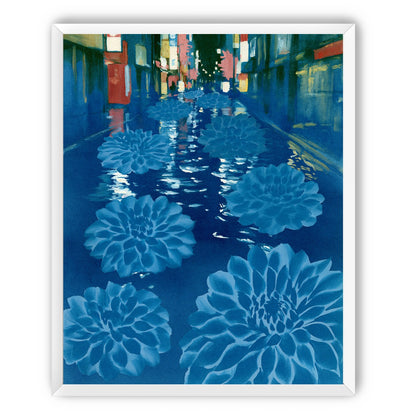 Neon spills into blue floodwater