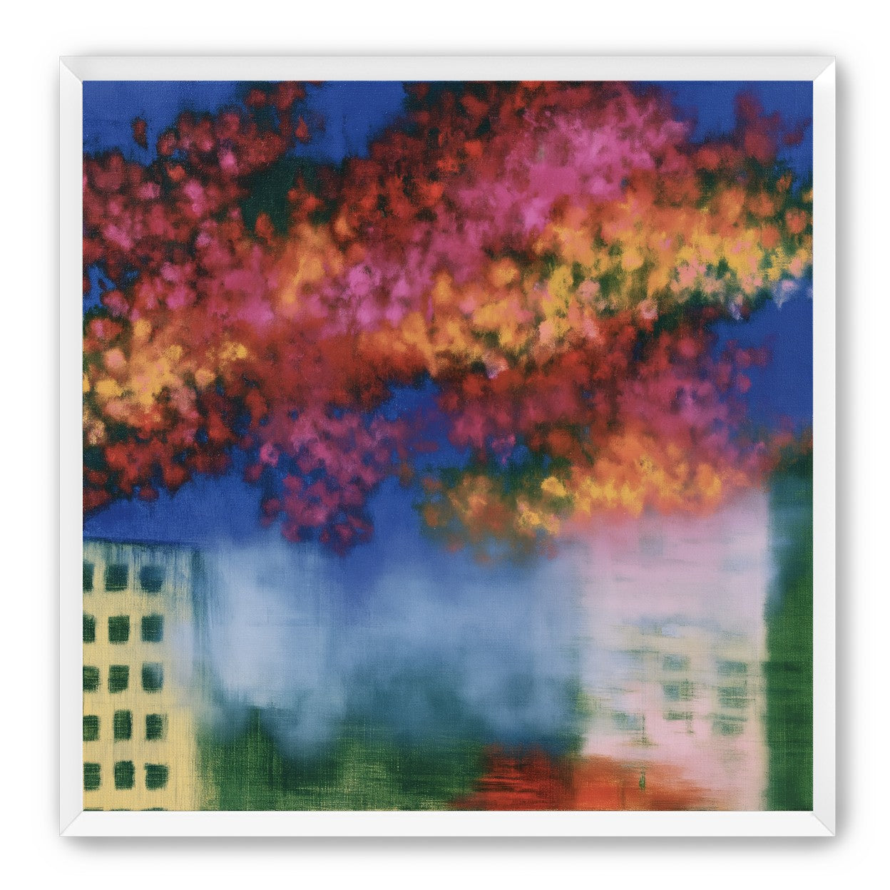 Trees above blurred windows