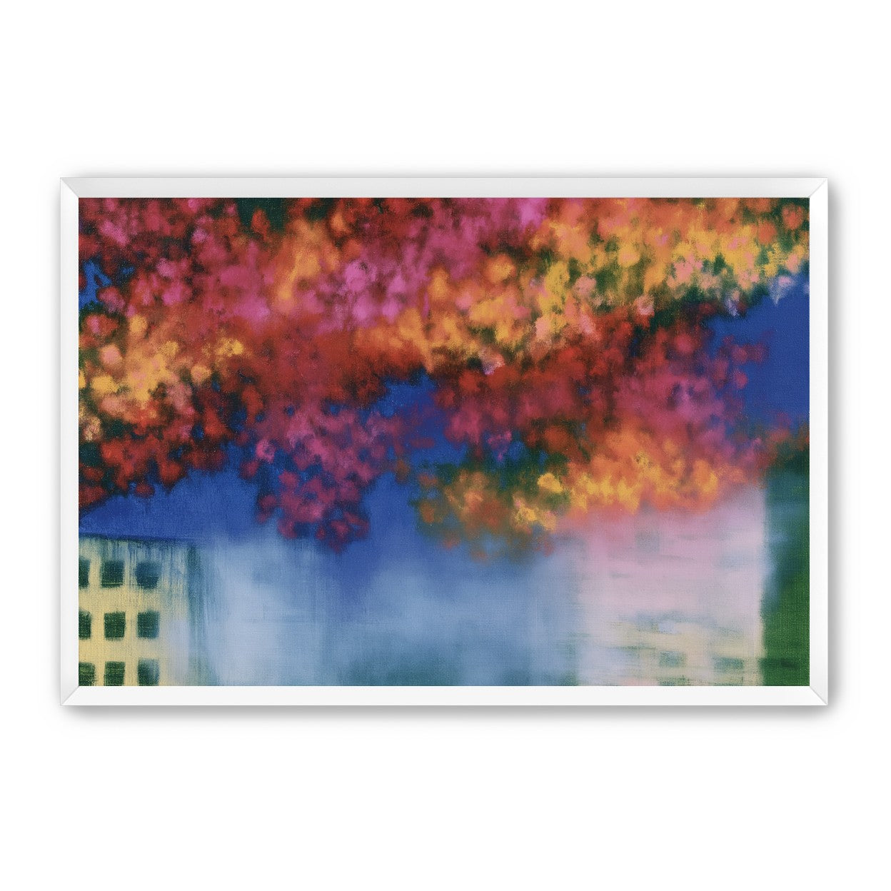 Trees above blurred windows