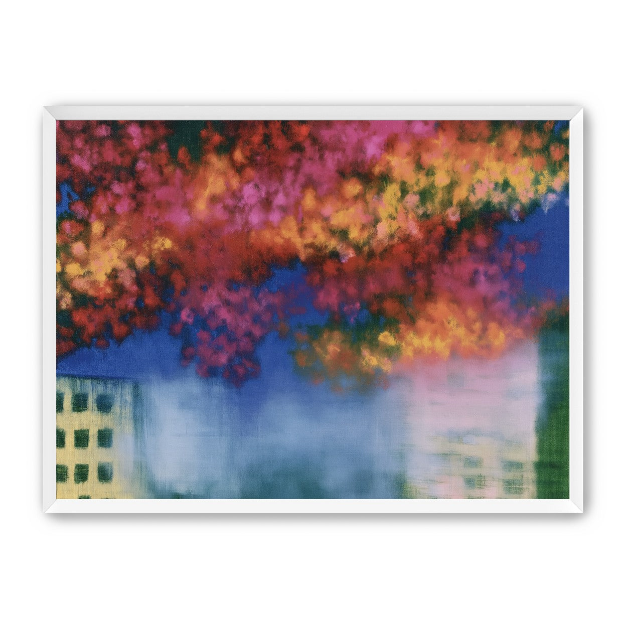 Trees above blurred windows