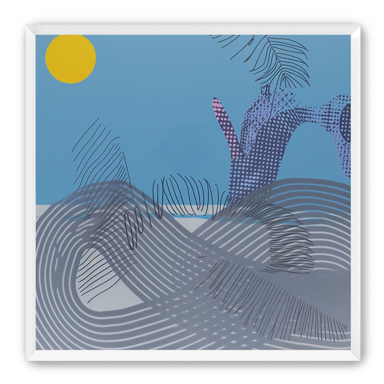 Yellow sun over striped hills