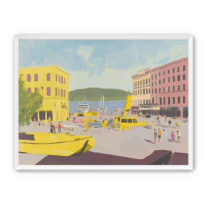 Yellow boats among pastel buildings