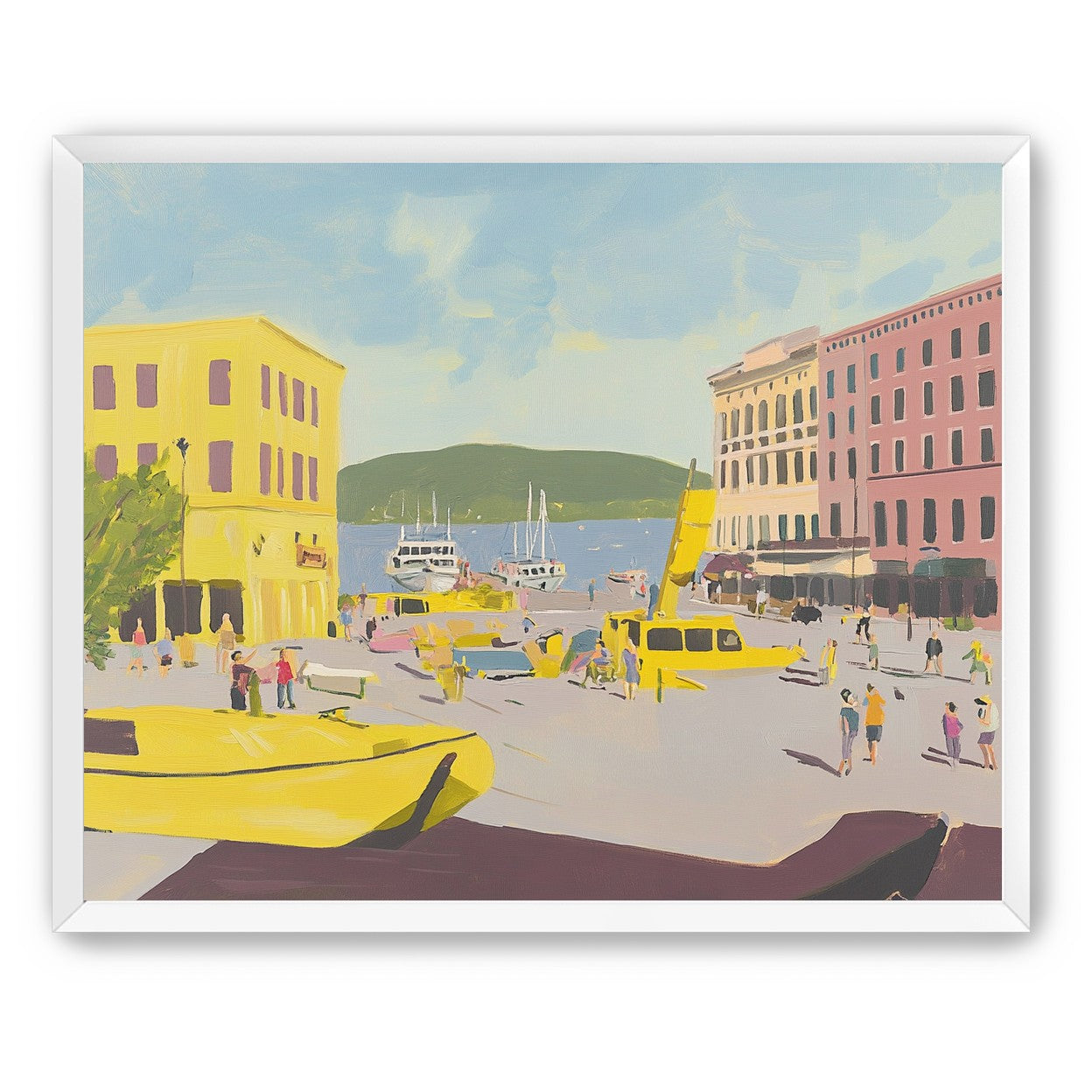 Yellow boats among pastel buildings