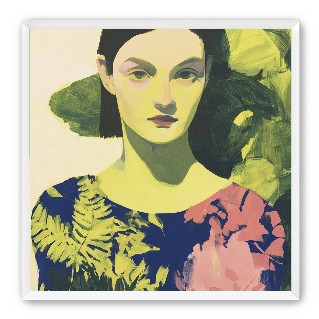 Green leaves behind her portrait