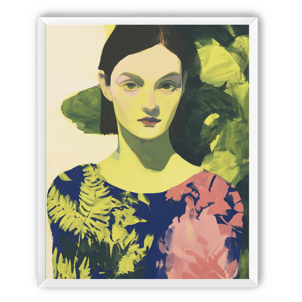 Green leaves behind her portrait