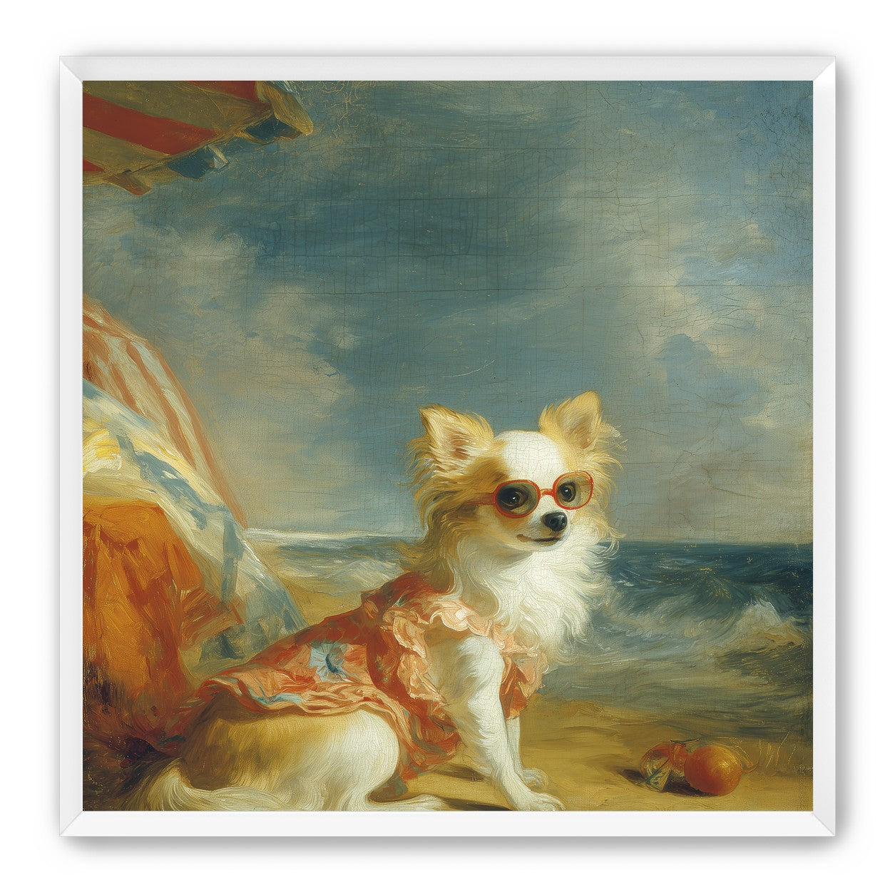 Seaside dog in red sunglasses