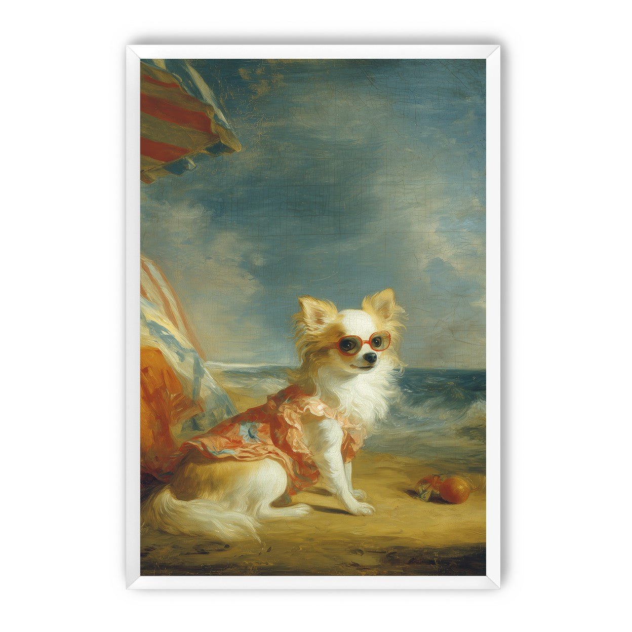 Seaside dog in red sunglasses