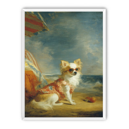 Seaside dog in red sunglasses