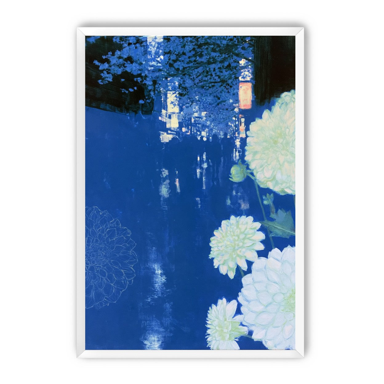 White blooms on blue canal