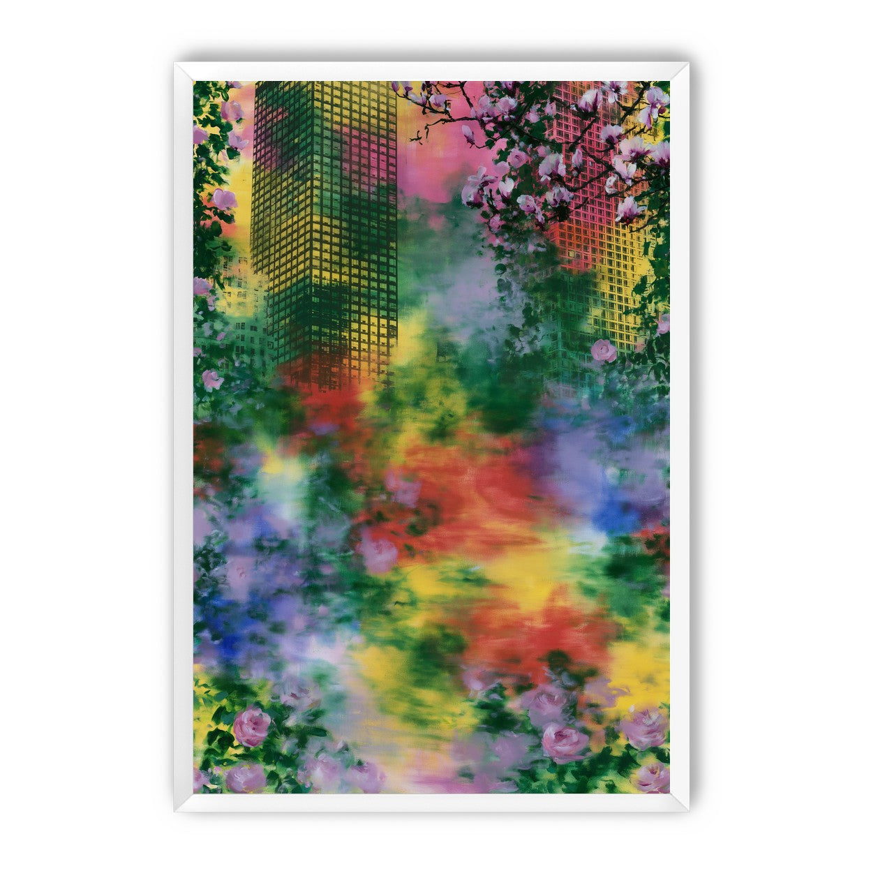 Blossoms over rainbow glass