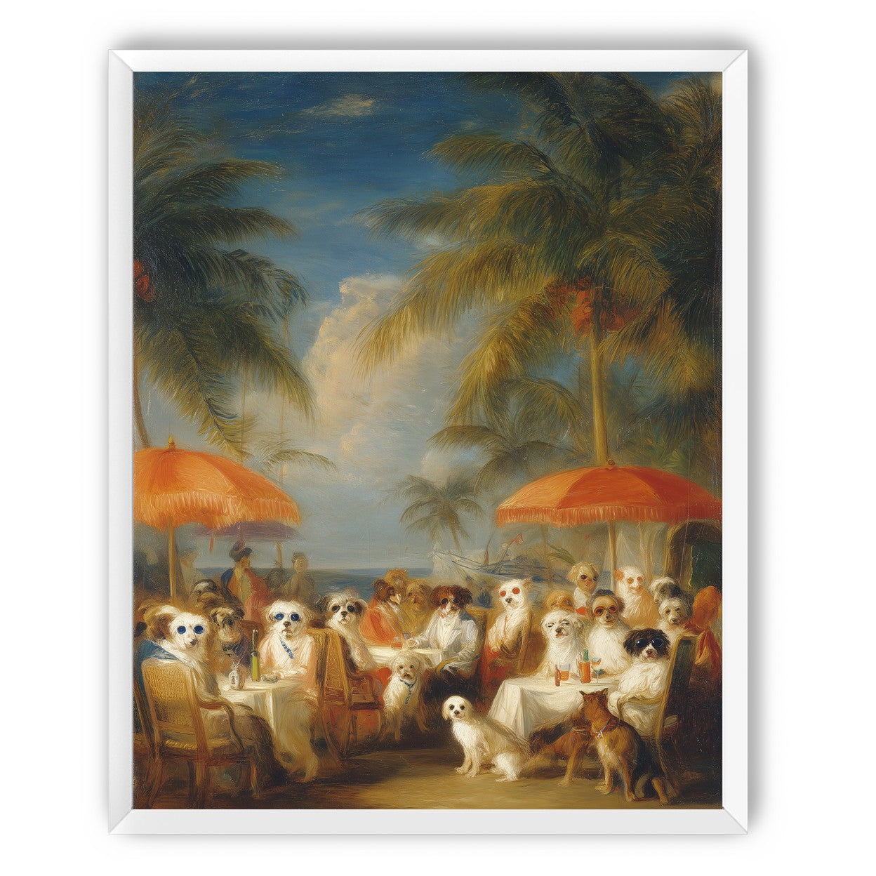 Dogs at seaside tables