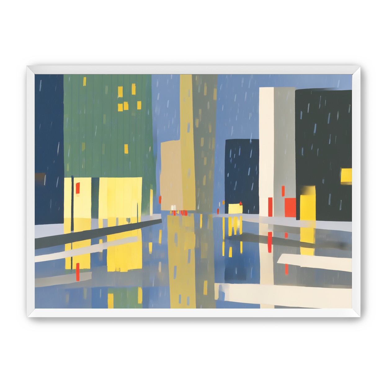 Yellow windows on wet blue street