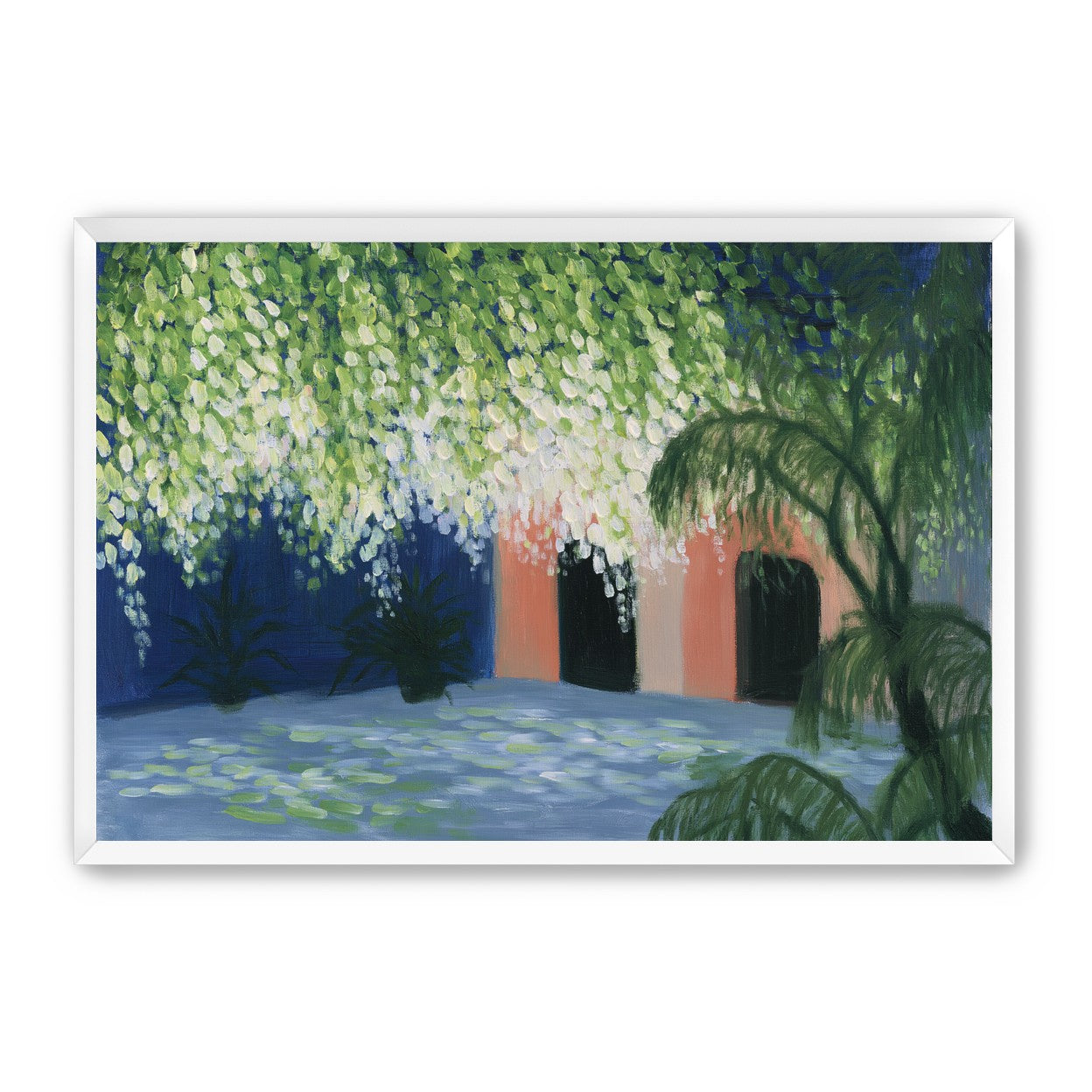 Doorway under falling blossoms