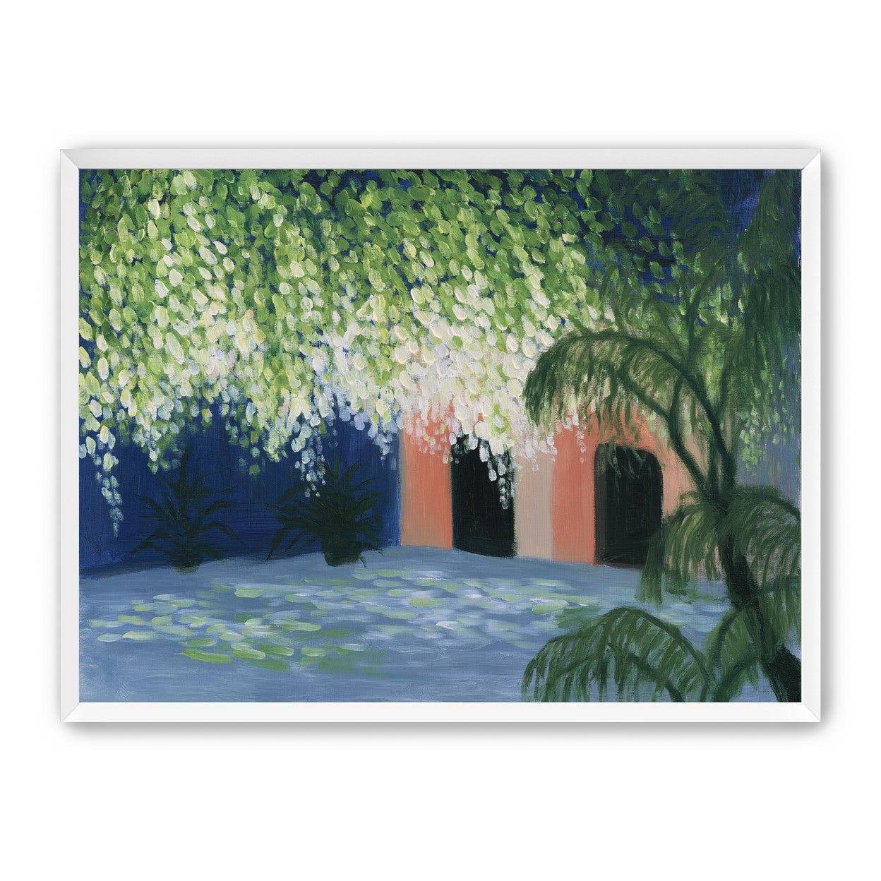 Doorway under falling blossoms
