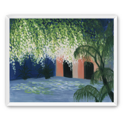 Doorway under falling blossoms