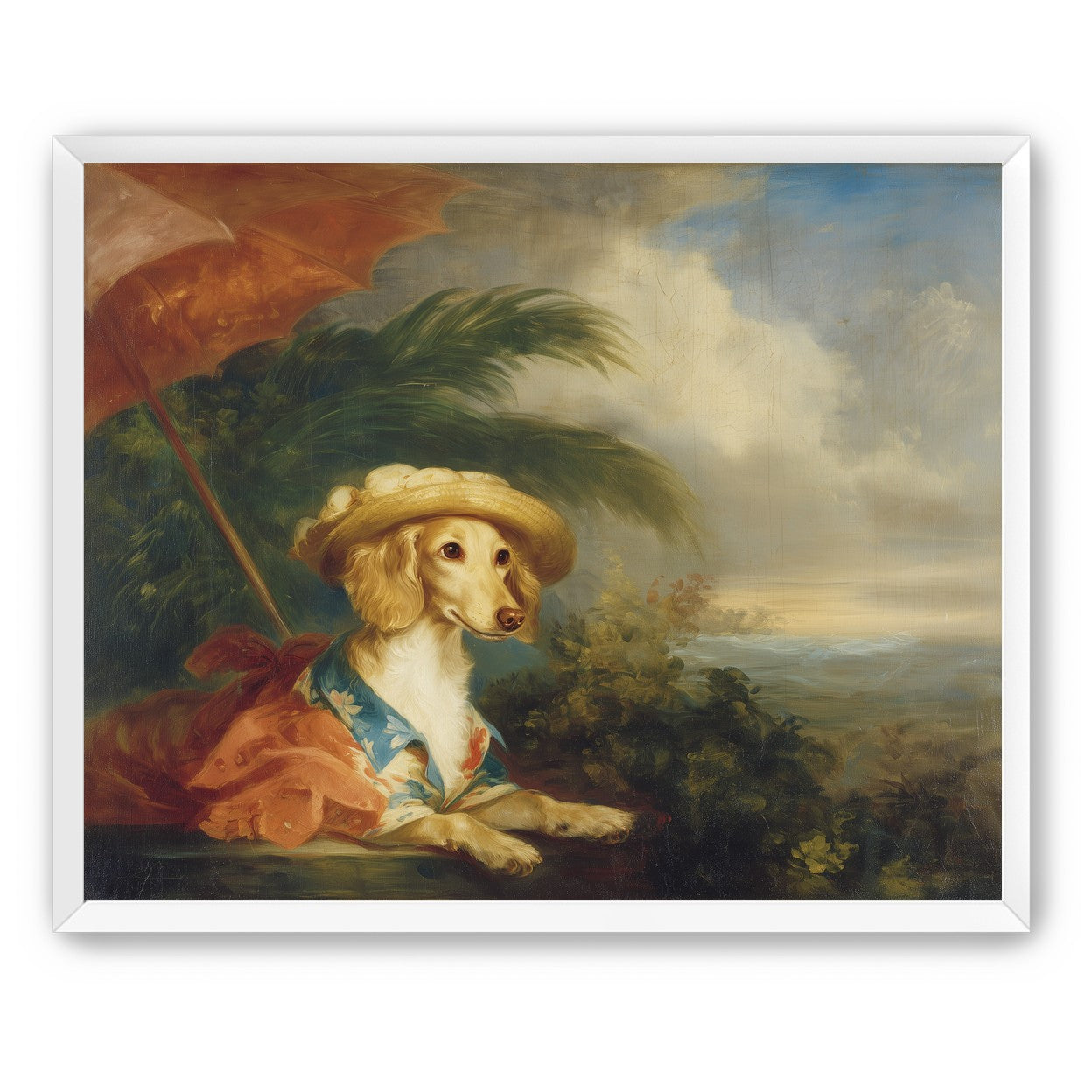 Red parasol over seaside dog